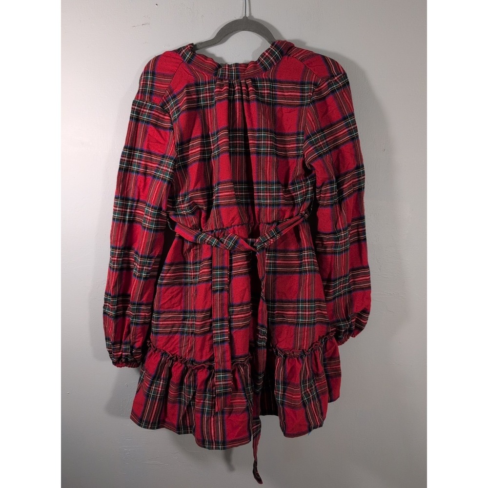 Cupshe Dress Women Medium Red Plaid Tiered Ruffle Mock Neck Long Sleeve Mini NWT